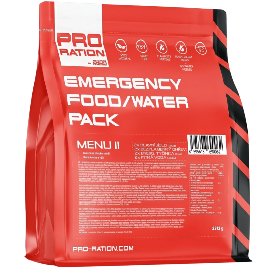 PRO-RATION hätätilanteen ruoka- ja vesipakkaus – Menyy II