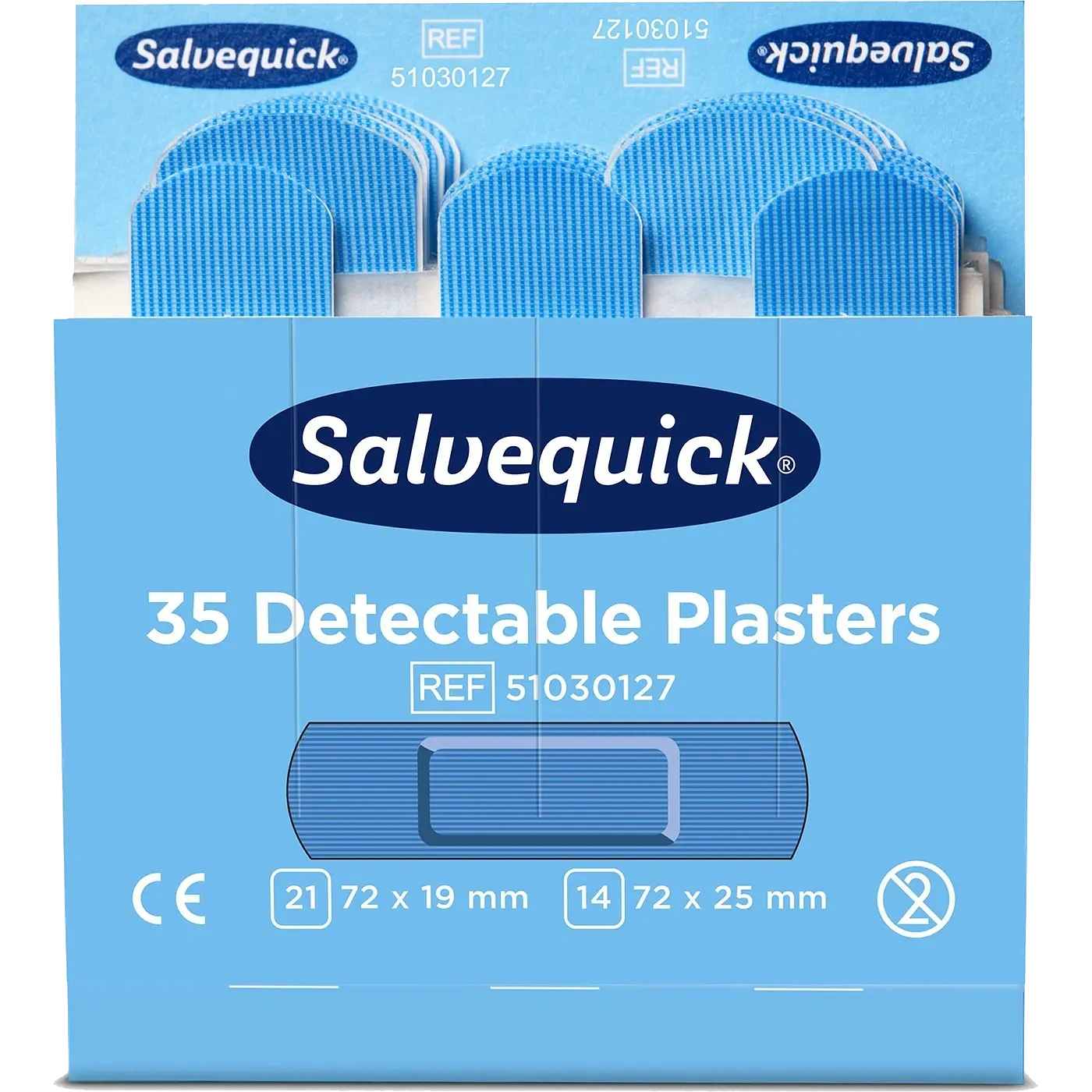 SALVEQUICK 6735 plastmasas plāksteru uzpildes iepakojums ZILS 6x35 gab.