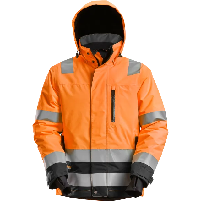 SNICKERS WORKWEAR veekindel, kapuutsiga Hi-Vis 37.5® talvejope, klass 3, Kõrgnähtav oranž / Must