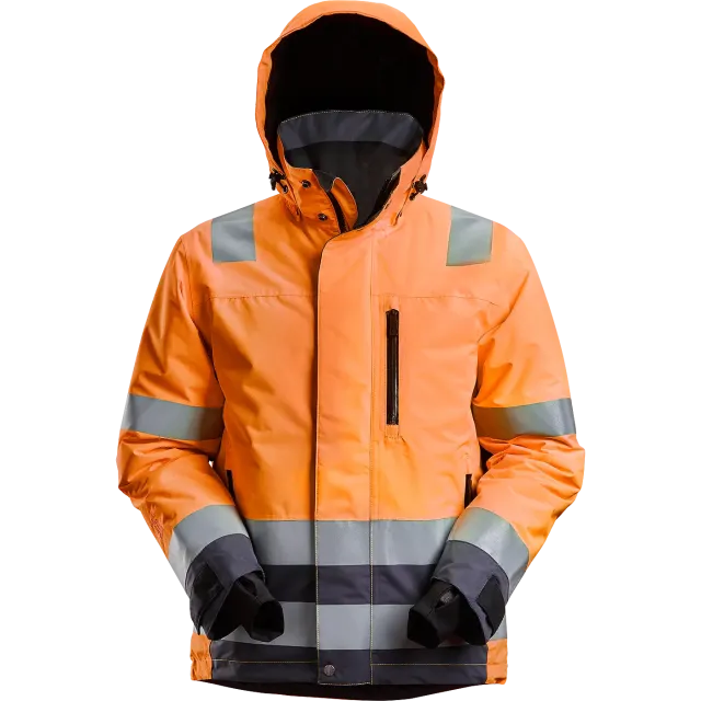 SNICKERS WORKWEAR veekindel, kapuutsiga Hi-Vis 37.5® talvejope, klass 3, Kõrgnähtav oranž / Terashall