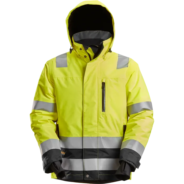 SNICKERS WORKWEAR veekindel, kapuutsiga Hi-Vis 37.5® talvejope, klass 3, Kõrgnähtav kollane / Must