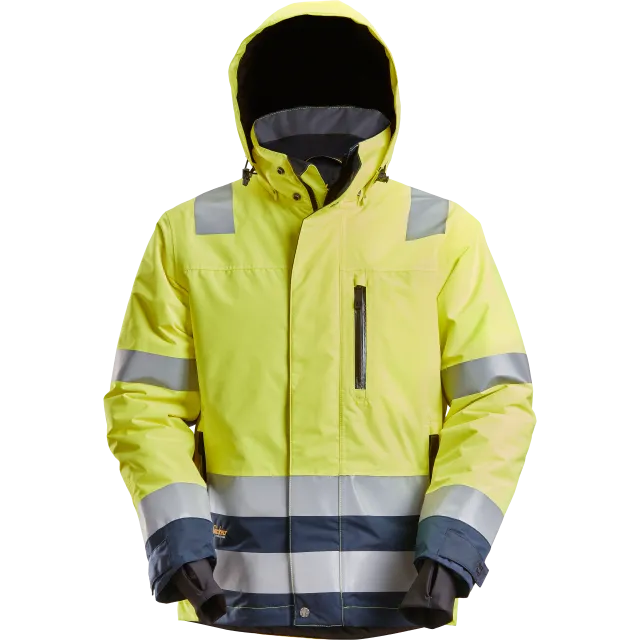 SNICKERS WORKWEAR veekindel, kapuutsiga Hi-Vis 37.5® talvejope, klass 3, Kõrgnähtav kollane / Mereväesinine