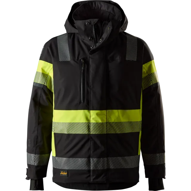SNICKERS WORKWEAR veekindel Hi-Vis jope, klass 1, Must / Kõrgnähtav kollane