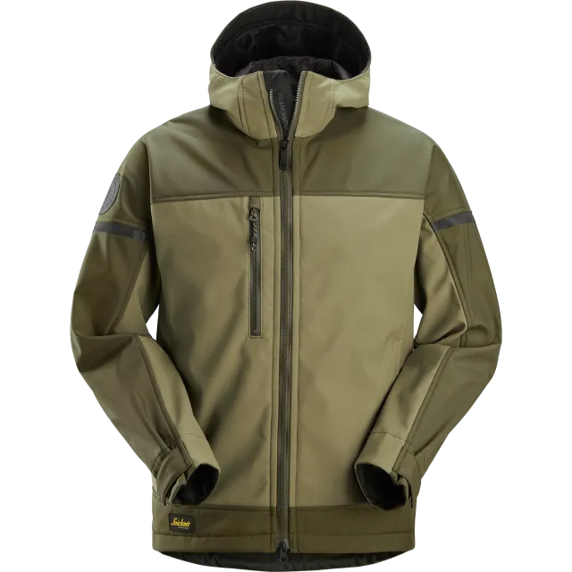 SNICKERS WORKWEAR elastne, kapuutsiga softshell, Khakiroheline / Tume khakiroheline