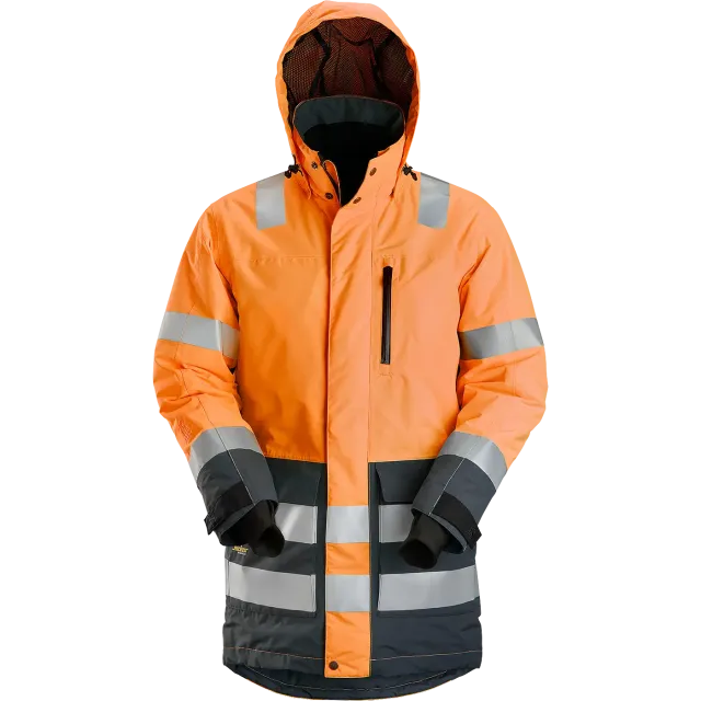 SNICKERS WORKWEAR 37.5® veekindel kapuutsiga Hi-Vis parka, Kõrgnähtav oranž / Terashall