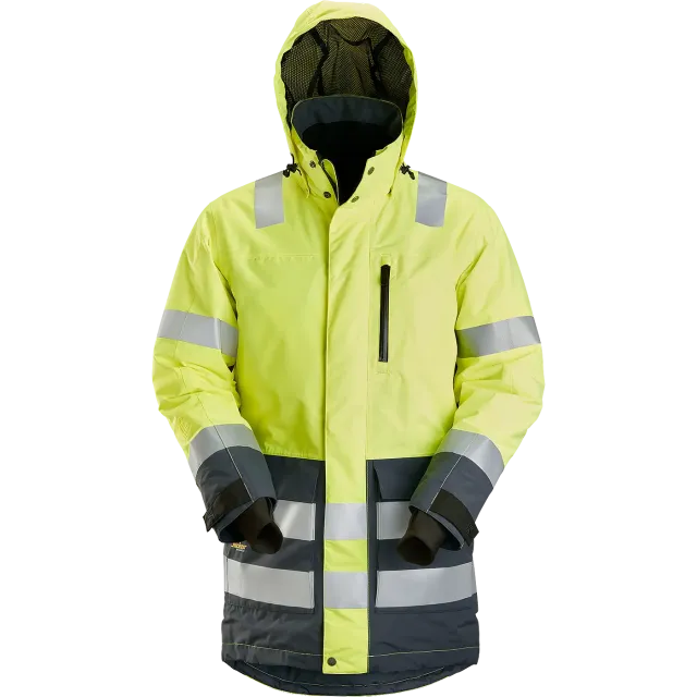 SNICKERS WORKWEAR 37.5® veekindel kapuutsiga Hi-Vis parka, Kõrgnähtav kollane / Terashall