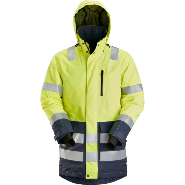 SNICKERS WORKWEAR 37.5® veekindel kapuutsiga Hi-Vis parka, Kõrgnähtav kollane / Mereväesinine