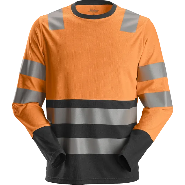 SNICKERS WORKWEAR AllroundWork Hi-Vis pitkähihainen T-paita, luokka 2, Huomio-oranssi / Musta