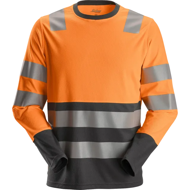 SNICKERS WORKWEAR AllroundWork Hi-Vis pitkähihainen T-paita, luokka 2, Huomio-oranssi / Teräksenharmaa