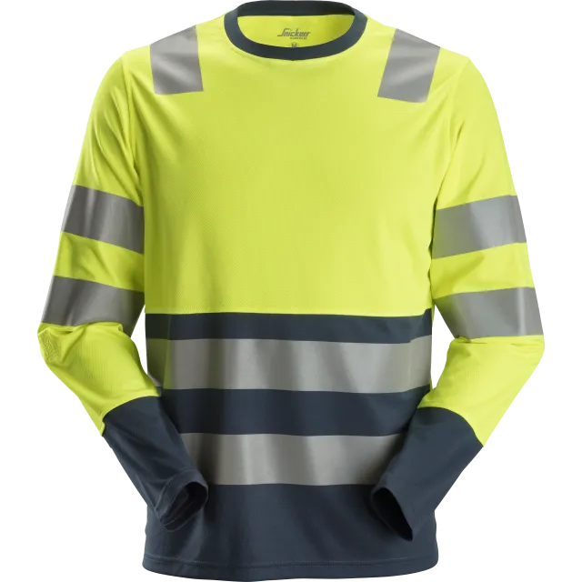 SNICKERS WORKWEAR AllroundWork Hi-Vis pitkähihainen T-paita, luokka 2, Huomiokeltainen / Laivastonsininen