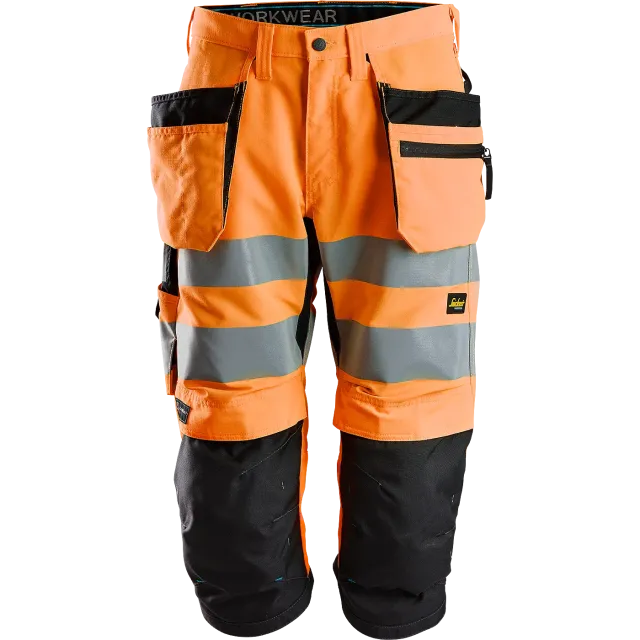 SNICKERS WORKWEAR LiteWork Hi-Vis piraadipüksid ripptaskutega klass 2, Kõrgnähtav oranž / Must