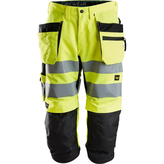 SNICKERS WORKWEAR LiteWork Hi-Vis trīs ceturtdaļu garuma darba bikses ar nokarenām kabatām, 2. klase, Augstas redzamības dzeltens / Melns