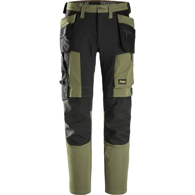 SNICKERS WORKWEAR Stretch tööpüksid ripptaskutega, Khakiroheline / Must