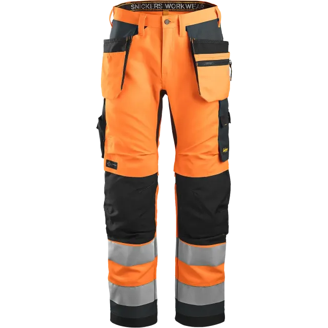 SNICKERS WORKWEAR AllroundWork Hi-Vis -työhousut riipputaskuilla, luokka 2, Huomio-oranssi / Teräksenharmaa