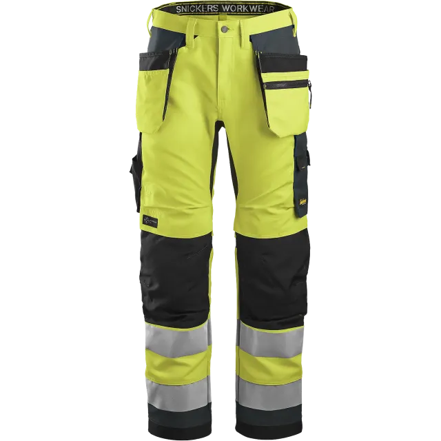 SNICKERS WORKWEAR AllroundWork Hi-Vis -työhousut riipputaskuilla, luokka 2, Huomiokeltainen / Teräksenharmaa
