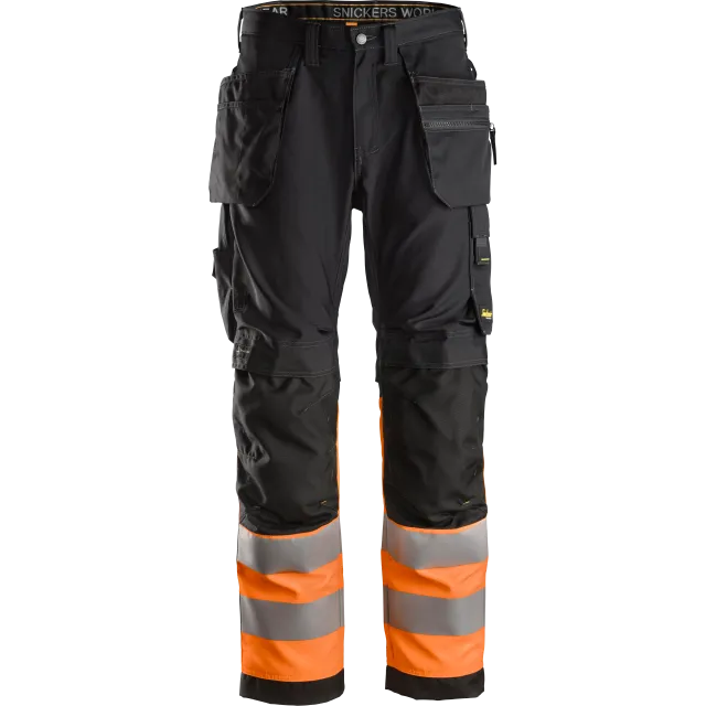 SNICKERS WORKWEAR AllroundWork Hi-Vis -työhousut riipputaskuilla, luokka 1, Musta / Huomio-oranssi