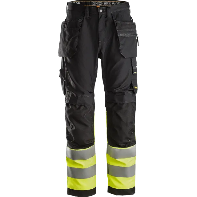 SNICKERS WORKWEAR AllroundWork Hi-Vis -työhousut riipputaskuilla, luokka 1, Musta / Huomiokeltainen