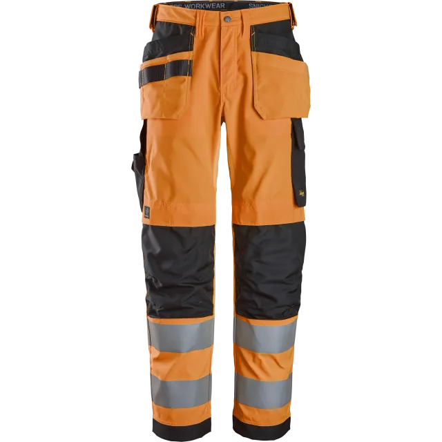 SNICKERS WORKWEAR Hi-Vis tööpüksid ripptaskutega, klass 2, Kõrgnähtav oranž / Must