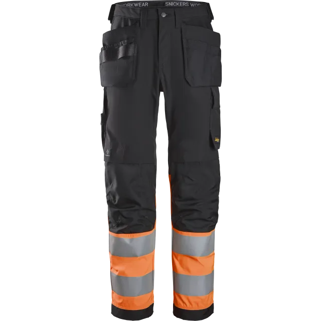 SNICKERS WORKWEAR Hi-Vis tööpüksid ripptaskutega, klass 1, Must / Kõrgnähtav oranž