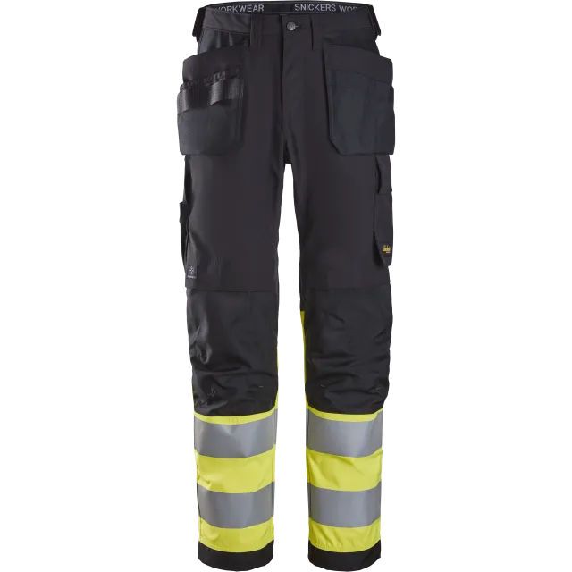 SNICKERS WORKWEAR Hi-Vis tööpüksid ripptaskutega, klass 1, Must / Kõrgnähtav kollane