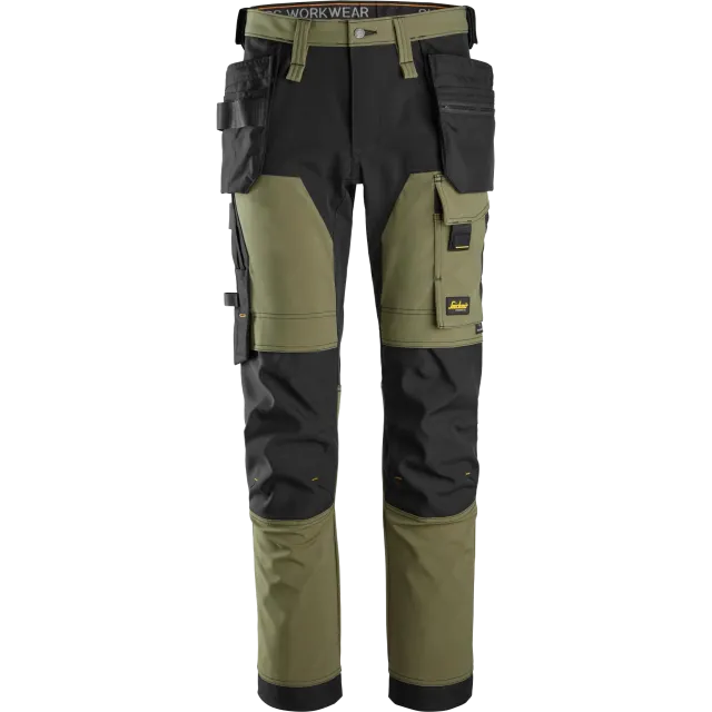 SNICKERS WORKWEAR AllroundWork Softshell tööpüksid ripptaskutega, Khakiroheline / Must