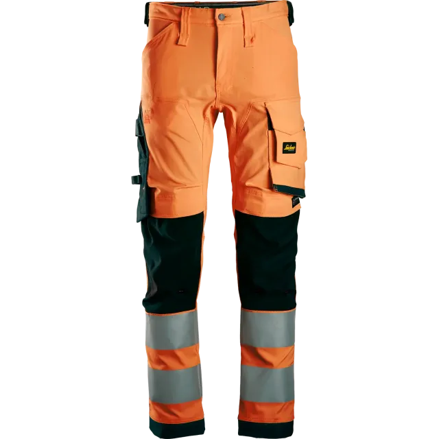 SNICKERS WORKWEAR AllroundWork Hi-Vis stretš-tööpüksid, klass 2, Kõrgnähtav oranž / Must