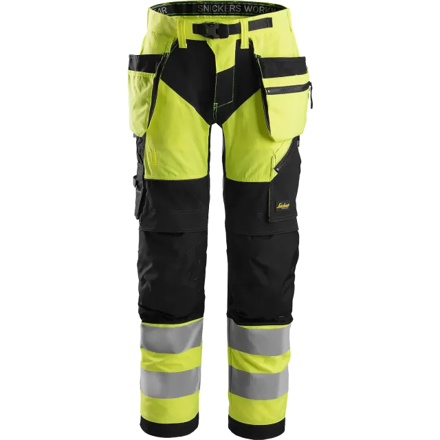 SNICKERS WORKWEAR FlexiWork -huomiotyöhousut riipputaskuilla, luokka 2, Huomiokeltainen / Musta