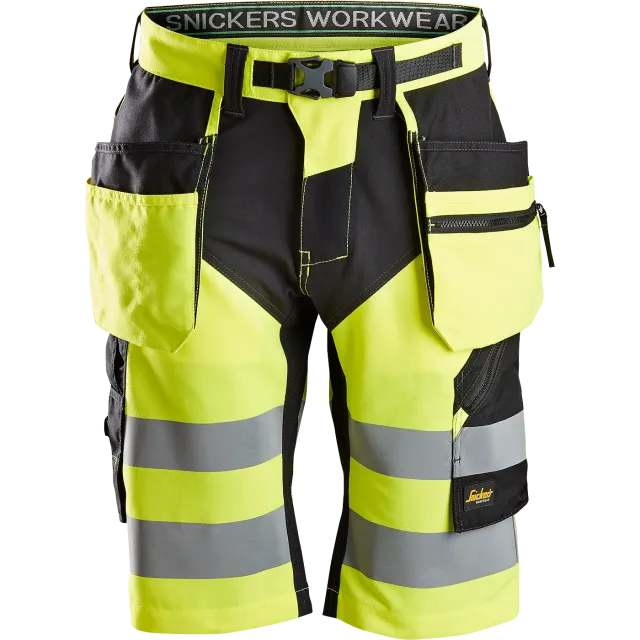 SNICKERS WORKWEAR FlexiWork Hi-Vis -työshortsit riipputaskuilla, luokka 1, Huomiokeltainen / Musta