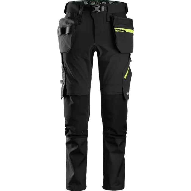 SNICKERS WORKWEAR FlexiWork -SoftShell-stretchhousut riipputaskuilla, Musta / Neonkeltainen