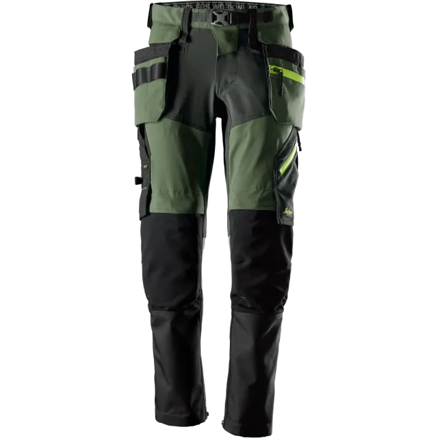 SNICKERS WORKWEAR FlexiWork -SoftShell-stretchhousut riipputaskuilla, Khakinvihreä / Teräksenharmaa