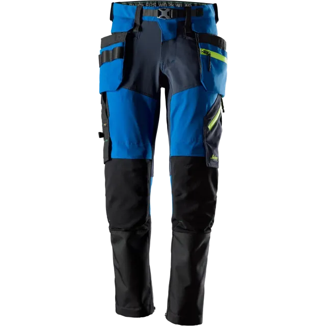 SNICKERS WORKWEAR FlexiWork -SoftShell-stretchhousut riipputaskuilla, Aito sininen / Laivastonsininen