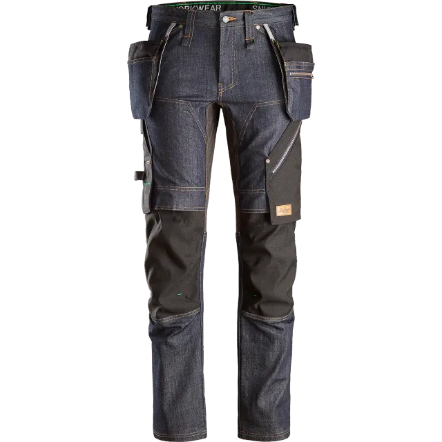 SNICKERS WORKWEAR FlexiWork farkkukankaiset työhousut riipputaskuilla, Denim / Musta