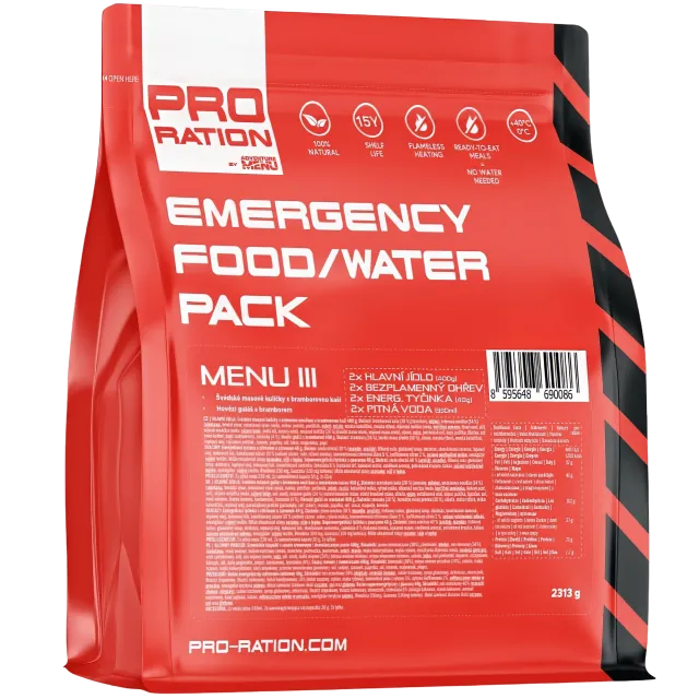 PRO-RATION hädaolukorra toidu- ja veepakk – Menüü III - 15 aastat